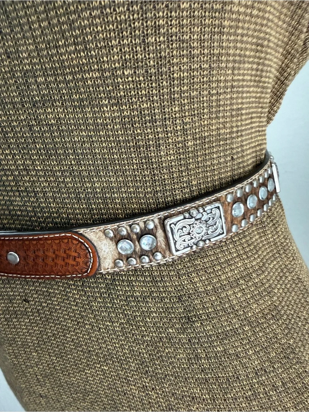 Nocona Brown Studded Leather Belt with Rhinestone and Ornate Silver Buckle
